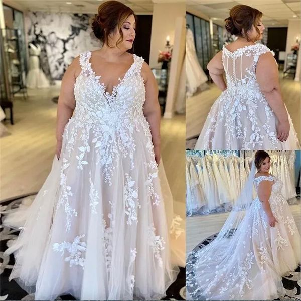 Vestido de noiva para vestidos de tamanho grande de casamento com renda floral 3D Applique V Botões de Tule de Tule de Tule de Varreto de Pescoço