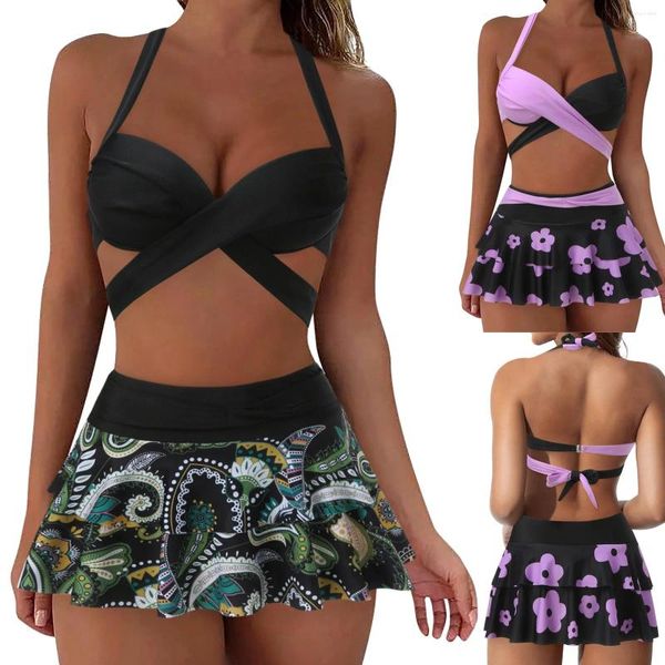 Moda verão impresso split sexy roupa de banho feminina oco para fora push up tankinis saias de cintura alta vestido de praia maiôs