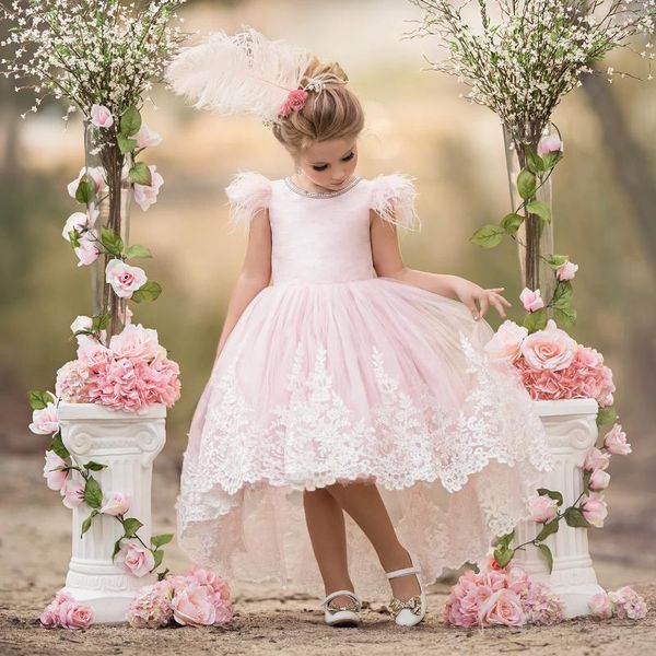 Vestidos da menina vestido de flor rosa para cunha penas rendas v-back tule com arcos princesa aniversário crianças primeira comunhão vestido de baile