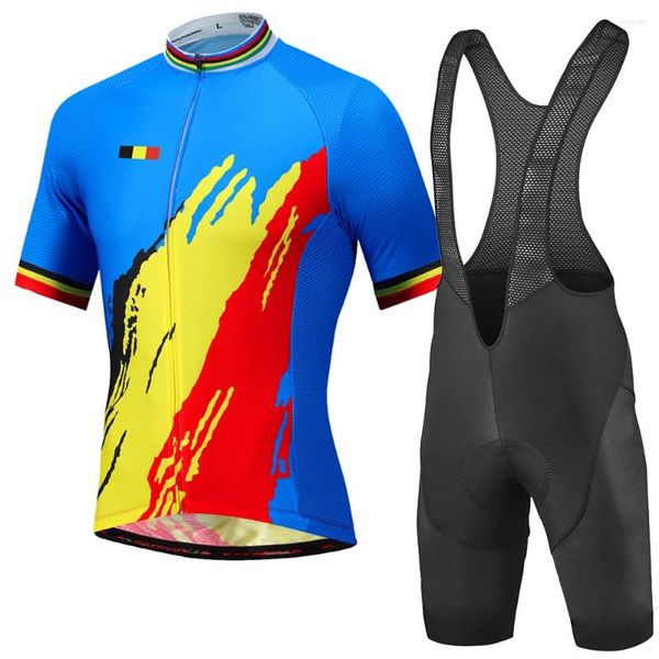 Rennjacken, belgische Flagge, Radtrikot, Anzug, Herren, blau, Fahrradbekleidung, Sporthemd, Ärmel, Reitbekleidung, Trägerhose