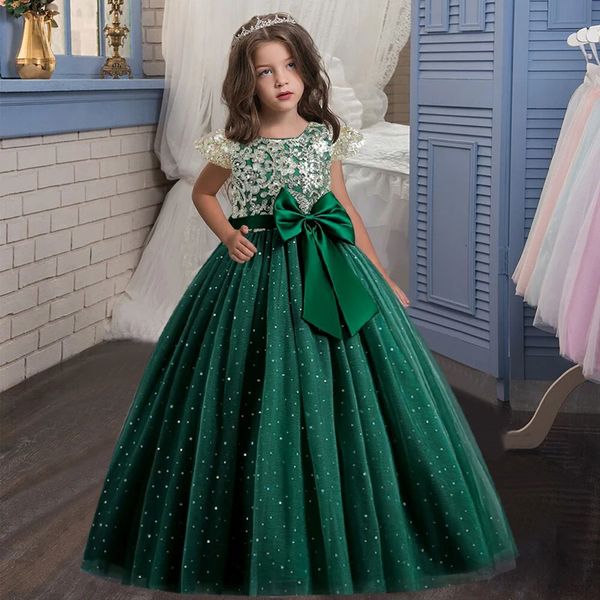 412T Ragazze senza maniche Paillettes Ricamo Abito da sposa Flower Girl Party Dress Summer Girls Dress Big Bowknot Fashion Show 240309