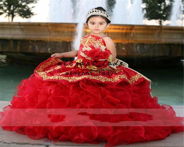 Bordado vermelho crianças vestido de princesa beleza babados saia em camadas inchado pequeno ss grande arco flor menina vestidos de aniversário9399195