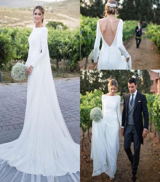 2020 Простые белые свадебные платья с длинными рукавами Bateau с открытой спиной и скользящим шлейфом Country Garden boho Chapel Мусульманские свадебные платья Vestido D1923560
