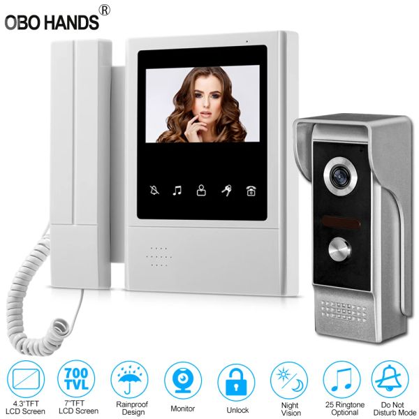 Intercomo 4.3 '' TFT Color Wired Video Intercom Door Phone System da campainha para casa 700tvl Ir Visão noturna Câmera ao ar livre Metal de metal à prova d'água