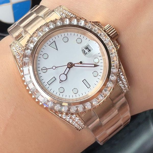 Brilhante Big Diamond Mens Watch 40mm Movimento Mecânico Automático Relógios de Pulso Natação Rose Gold Relógio de Pulso Montre De Luxe Relógios para Homens Presentes