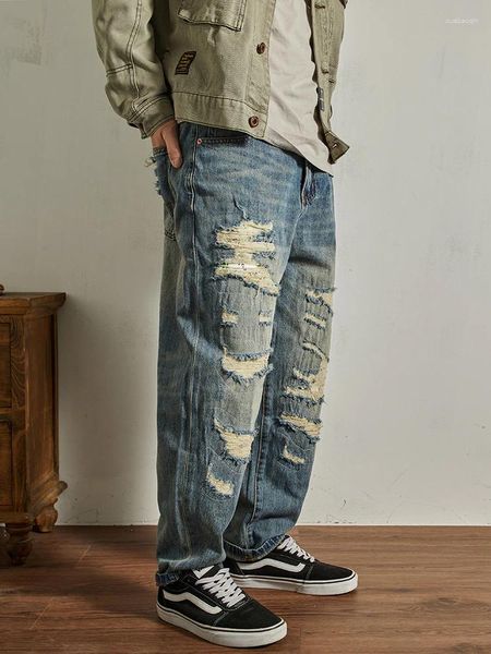 Jeans da uomo lavati con buco strappato denim retrò streetwear pantaloni larghi casual stile americano per uomo 2024 arrivo primaverile