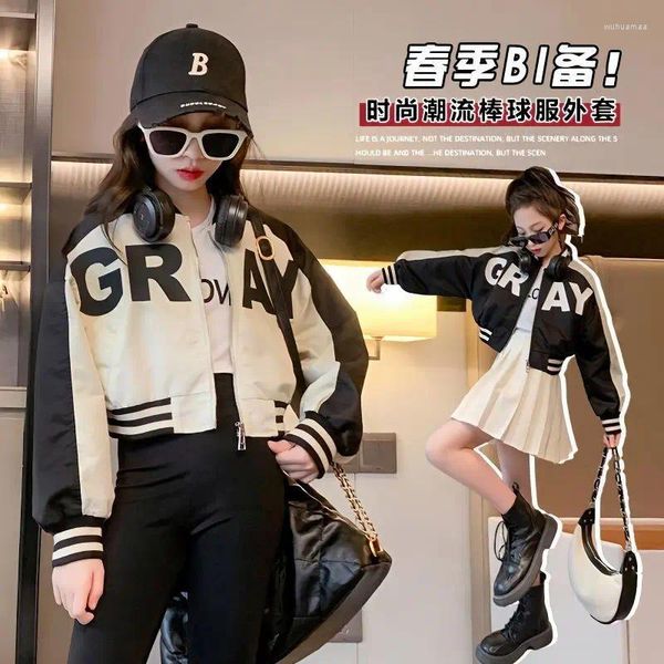 Jacken Herbst Winter Mit Kapuze Kinder Teenager Zipper Brief Gestreiften Kind Mädchen Kleidung Mode Trend Baseball Crop Top Lose Jacker Mantel