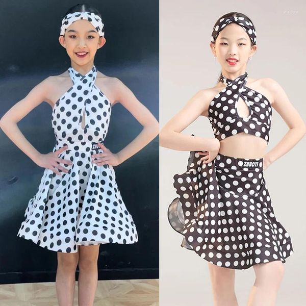 Bühnenkleidung Weiß Schwarz Polka Dot Latin Dance Kleid Mädchen Kostüm Kinder Professionelle Tanzpraxis SL8778