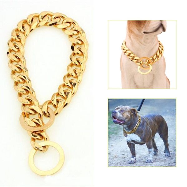 Hundezubehör 12–22 Goldkettenhalsband für Hunde, 13 mm breit, Ton, doppelter Bordstein, kubanischer Rombo-Link, 316L-Edelstahl, ganzes Haustier, Jewe2100