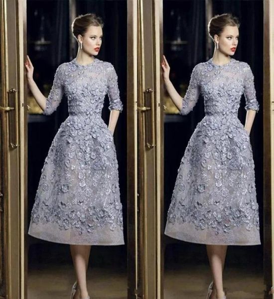 Elie Saab Вечерние платья Элегантные кружевные аппликации ALine Пром платья 34 с длинным рукавом длиной до чая Сексуальное вечернее платье знаменитостей Cus2046469