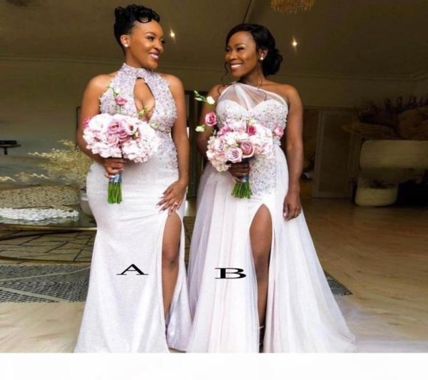 Dois estilos Nigéria Africano Sereia Vestidos de Dama de Honra Plus Size Beads Applique Maid Of The Honor Side Slit Festa de Casamento Wear591509616598