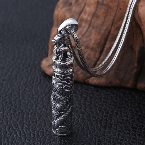 S990 Sterling Silber Vintage Memorial Thai Silber antike Flasche Schmuck Drachen Design Punk Herren Anhänger Halter Asche Urne Halskette264I