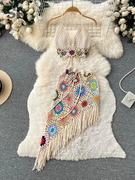 SINGREINY Bohemian Zweiteilige Gestrickte Sets Sommer Haken Auszuhöhlen Leibchen Floral Unregelmäßigen Quaste Rock Sexy Strand Stil Anzüge 240309