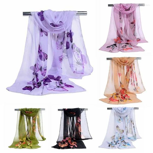 Lenços femininos envoltório macio senhora flor impressão borboleta xale seda longo lenço de chiffon