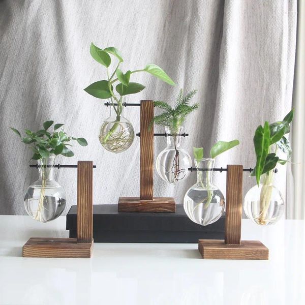 Vasen Mode Glas Desktop Pflanzer Glühbirne Vase Holzständer Hydrokultur Pflanzenbehälter Home Tabletop Dekor Wohnzimmer Dekoration