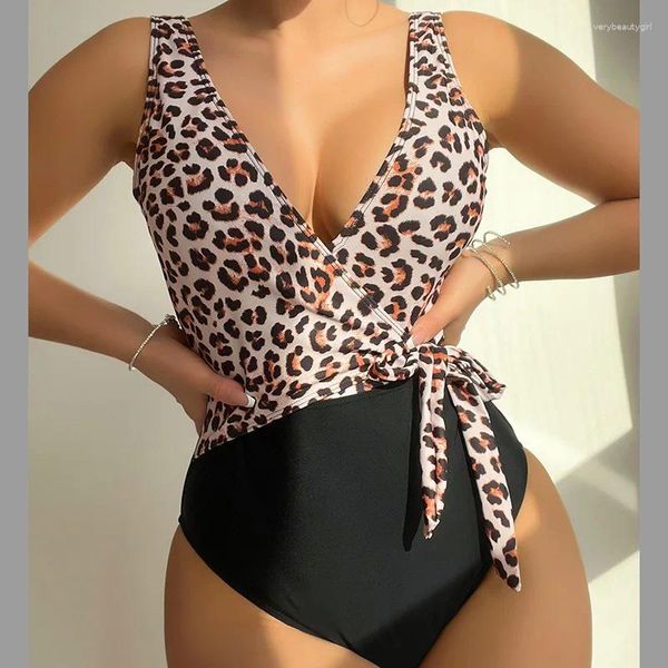 Mulheres Swimwear S - XL Leopard Splicing V Neck One Piece Swimsuit Mulheres Feminino Alto Perna Corte Monokini Banheira Terno Nadar