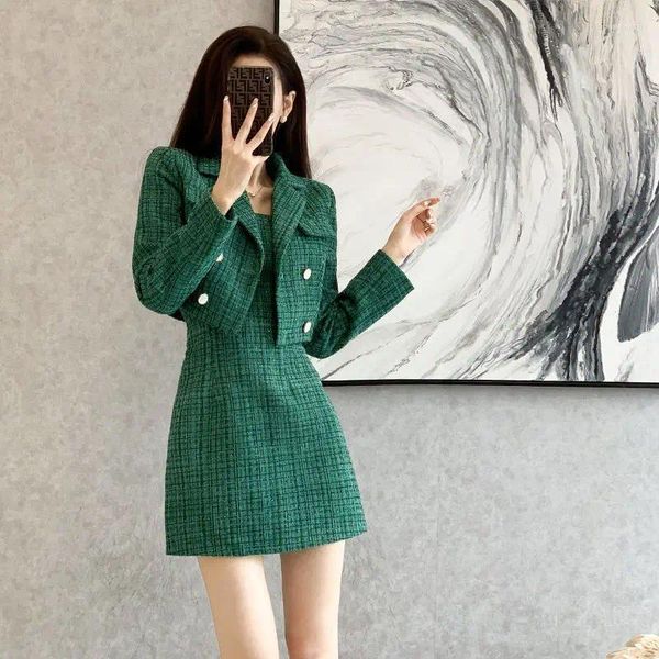 Arbeitskleider Insozkdg Herbst Retro Tweed Anzug Frauen Grünes Kleid Elegante Zweireiher Jacke Slim Fit Sling Plaid 2024