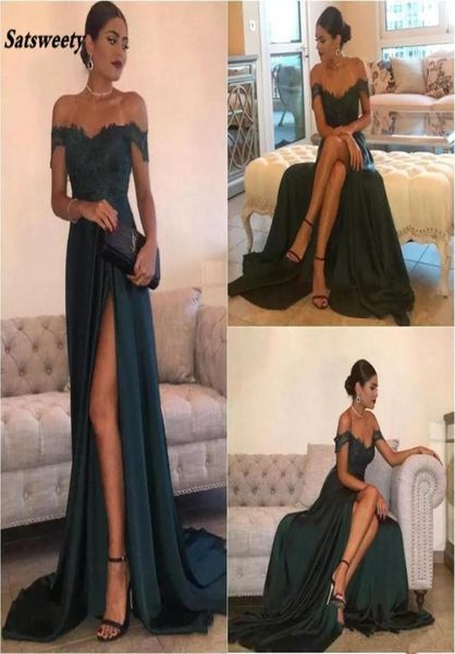 Verde escuro Sexy Vestidos de Baile Uma Linha Chiffon OfftheShoulder FloorLength Lado Alto Split Lace Elegante Vestido de Noite Longo Formal D9908192