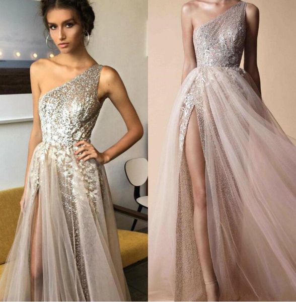 Berta Abiti da ballo di moda Una spalla Una linea Abiti da sera con paillettes con perline Lunghezza pavimento Abiti da festa formali spaccati sul davanti5810647