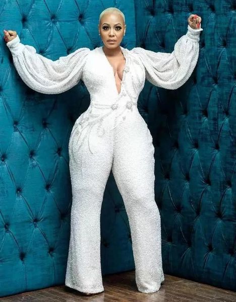 Sexy tiefer V-Ausschnitt Jumpsuit Ballkleider 2022 weiße Pailletten mit langen Ärmeln Plus Size formelle Abendkleider für arabische Frauen Vestidos De1529816