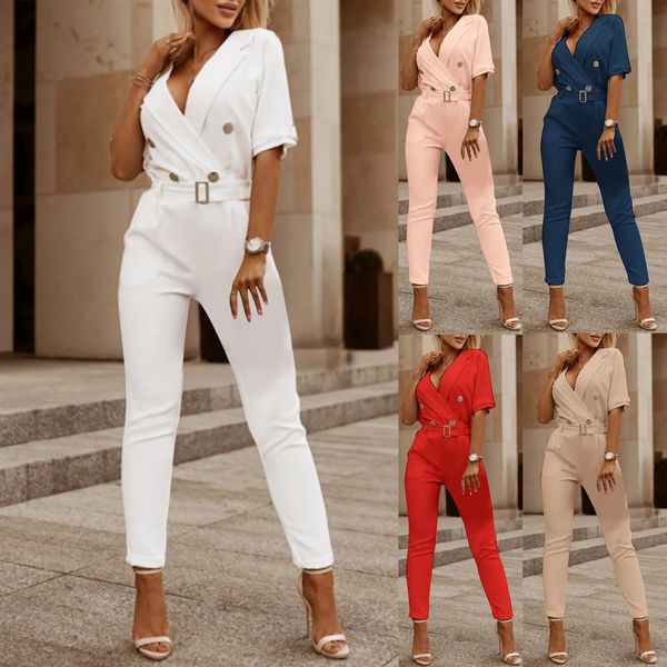 Jumpsuit-Strampler für Damen, modisch, einfarbig, zweireihig, Kragen, ausgestellte Ärmel, Kleid, Pullover, Hose 240301