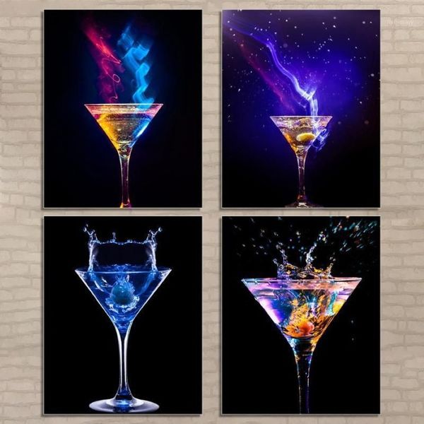 Cartaz de tela de vidro de vinho com luz azul, decoração de bar, pintura moderna para casa, arte de parede, imagem de sala de jantar, decoração1318s