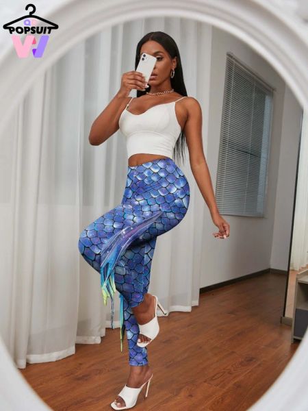 Capris novo no verão calças femininas sexy borlas brilhantes maior escala de peixe sereia impresso apertado magro hiplifting nádega yoga senhora legging