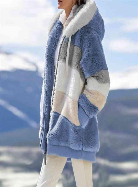 Mulheres jaqueta quente de pelúcia casual solto casaco com capuz cor misturada retalhos inverno outwear pele do falso zíper senhoras parka casaco 2108305318390