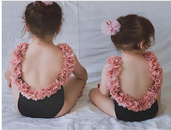 Crianças crianças menina aberta para trás tutu flor pétala cor sólida biquíni borda aberta para trás mãe filha roupa de banho uma peça m5040316