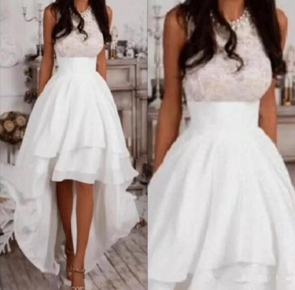 Vestidos de casamento de praia alta baixa 2019 frisado jóia pescoço renda chiffon hilo curto país jardim recepção nupcial casamento informal go8032770