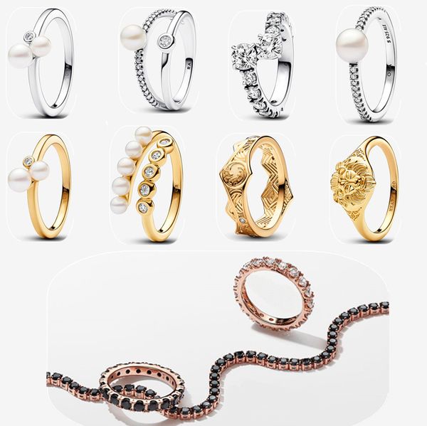 Novos anéis de casamento para mulheres colar de designer 925 pulseira de prata DIY fit Pandoras Black Sparkling Row Eternity Ring brincos de pérola conjunto de joias presente para namorada