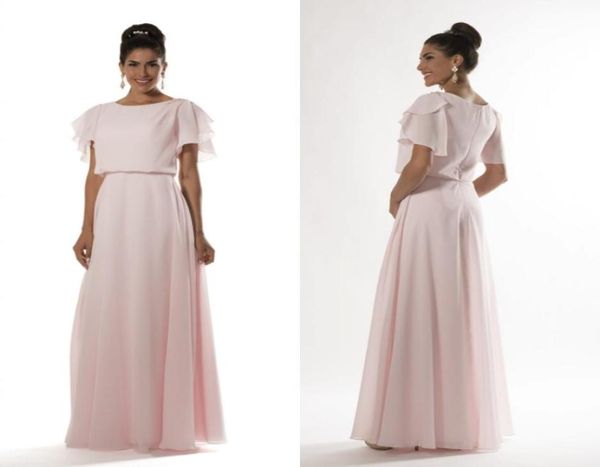 Luz rosa longo modesto vestidos de dama de honra com mangas flutter Aline até o chão formal noite mulheres vestido de festa de casamento custom7853027