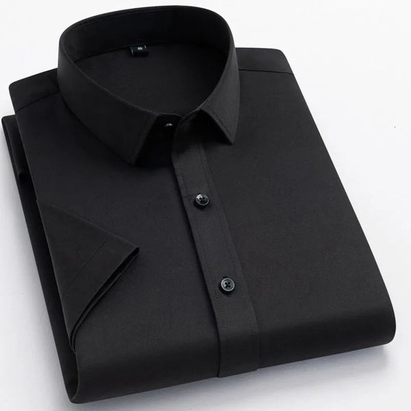 Большой размер S ~ 5XL Мужская однотонная рубашка с коротким рукавом Свободная формальная розовая, черная, серая Camisa Slim Fit без карманов Деловая мужская эластичность 240301