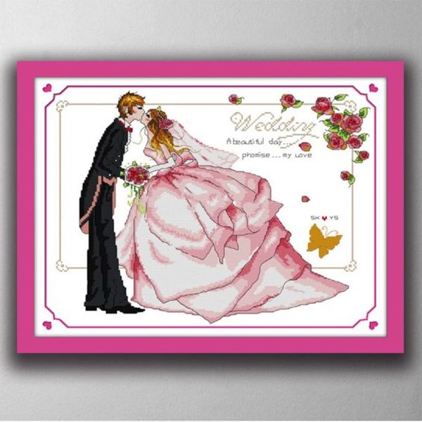 Promessa de amor beijo de casamento pinturas de desenhos animados feitos à mão ponto cruz bordado conjuntos de costura contados impressão em tela dmc 14ct217j