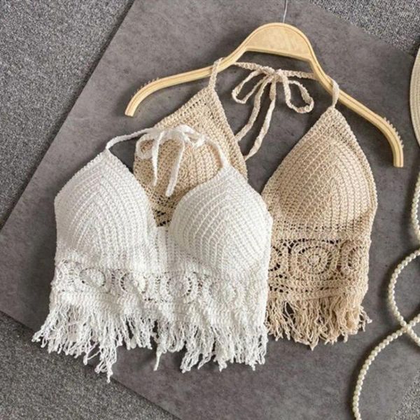 Camisoles tanques verão praia sutiã de malha com almofada no peito curto tanque topo doce oco para fora bordado halter topos borla roupa interior feminina