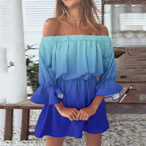 Lässige Kleider, elegant, schulterfrei, Rüschen, Aufflackernärmel, Kleid für Damen, Grafikdruck, Slash-Ausschnitt, Sommer, lockere Passform, Strandparty