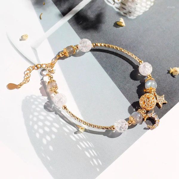 Braccialetti con ciondoli Simpatico braccialetto rotondo femminile in pietra di luna Catena color oro giallo per le donne Matrimonio con stella di cristallo e luna