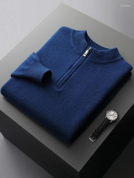 Maglioni da uomo Moda Maglia di lana merino di grandi dimensioni Top Pullover di fascia alta Cerniera Mezzo collo alto Camicia a base solida spessa Inverno