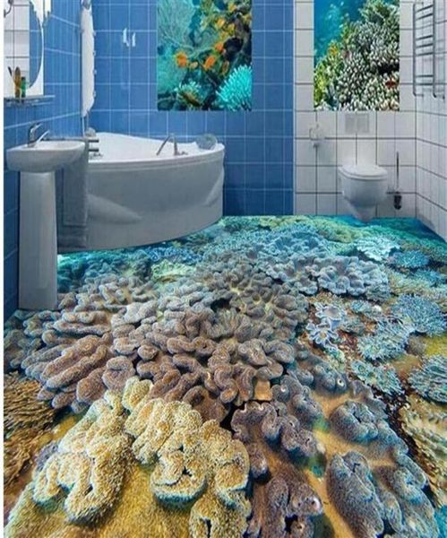 mundo subaquático peixe coral 3D piso de azulejo 3d papel de parede do banheiro à prova d'água25399811972