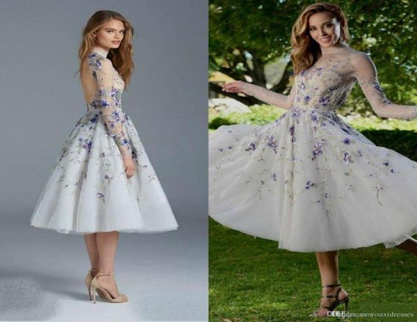 Paolo Sebastian 2018 Abito da ballo Illusion Collo trasparente Manica lunga Viola Applique 3D Lunghezza tè Abiti da ballo Sexy Backless Evening G8693283