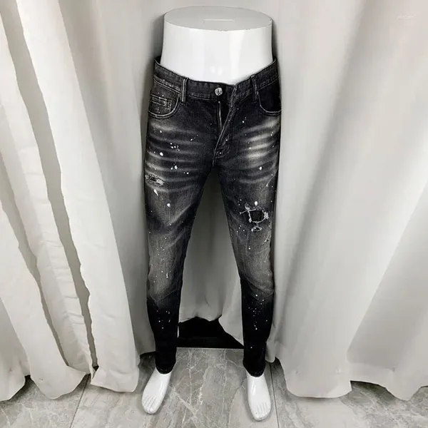 Jeans masculinos moda streetwear homens de alta qualidade retro preto cinza estiramento fino ajuste rasgado vintage designer marca calças hombre