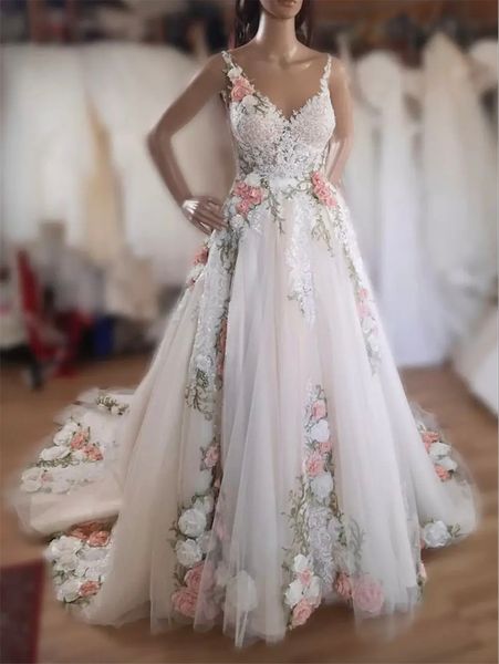 Vestidos de noiva com apliques florais 3D, sem mangas, decote em V, tule, linha a, para mulheres, vestidos de noiva, ocasião formal