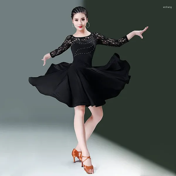 Palco desgaste plus size moderno sexy preto vestido de dança latina desempenho feminino outono e inverno renda broca prática terno