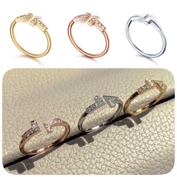 Дизайнерское кольцо для женщин, роскошное мужское кольцо с бриллиантом Double t Open Love Wedding, золото, популярная мода, классические ювелирные изделия высокого качества, синяя коробка W26L
