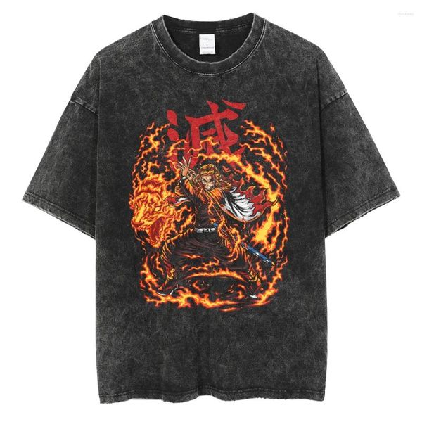 T-shirt da uomo Uomo Lavato Camicia nera Stampa anime T-shirt oversize Harajuku Cotone Estate Streetwear Maglietta a maniche corte Top Tees