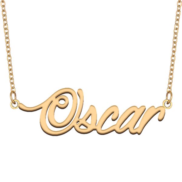 Oscar nome colar personalizado placa de identificação pingente para mulheres meninas presente aniversário crianças melhores amigos jóias 18k banhado a ouro aço inoxidável