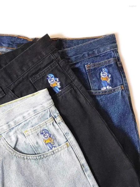 Jeans masculinos grande menino y2k hip hop gótico desenhos animados gráfico bordado baggy calças pretas homens mulheres harajuku cintura alta calças largas