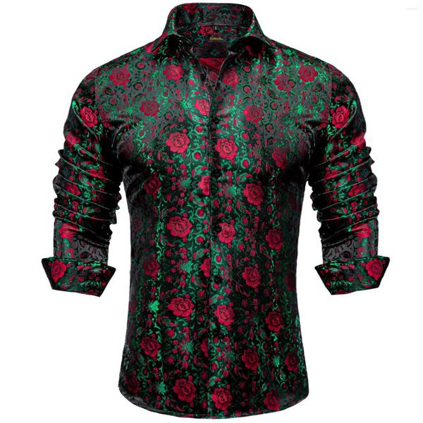 Camisas de vestido masculinas Designer Floral Camisa Manga Longa Homens Roupas Verde Social Prom Rose Botão Down Collar Blusa