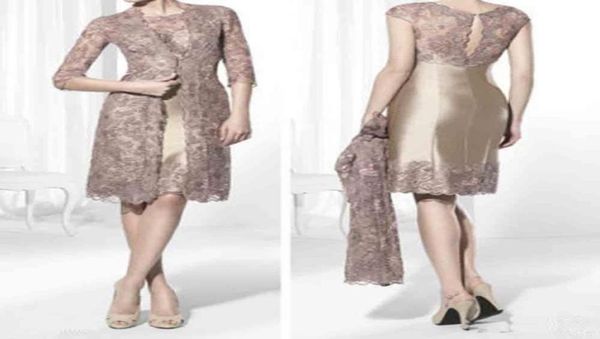 Ouro marrom na altura do joelho curto mãe da noiva vestidos com jaqueta de renda plus size ocasião casamento vestidos de convidados8894050