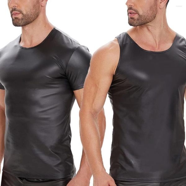 Homens camisetas 5xl homens faux couro t-shirts preto skiny fitness apertado clubwear gótico streetwear outfits trajes de desempenho de palco